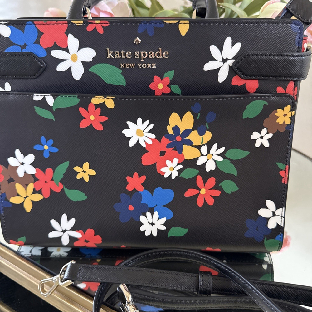 Kate Spade Black Saffiano Leather Floral Crossbody Satchel Medium NWOT